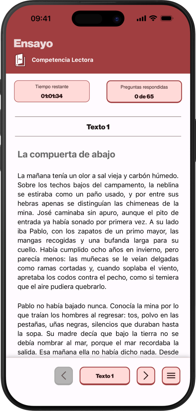 Pantalla de modo ensayo en PreuApp con tiempo restante, texto y preguntas respondidas