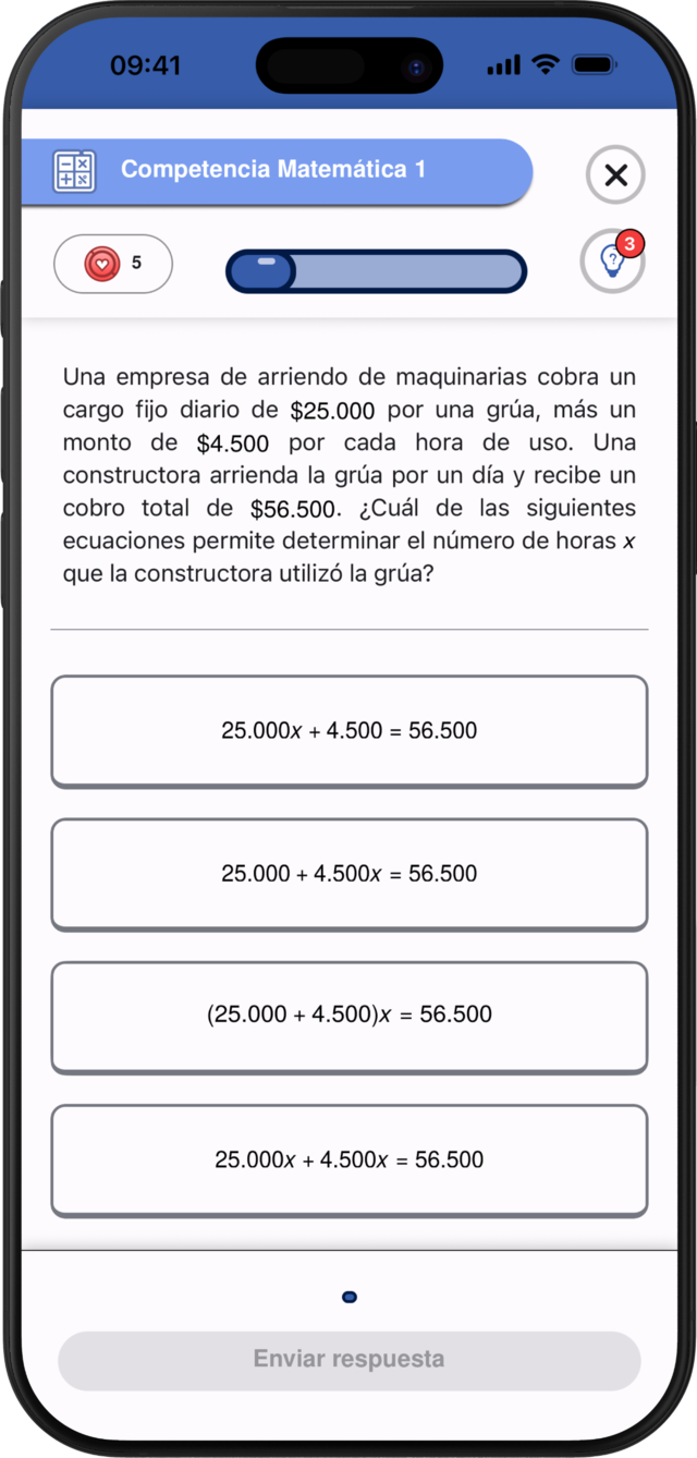 Pantalla de partida en PreuApp con preguntas PAES de matemática
