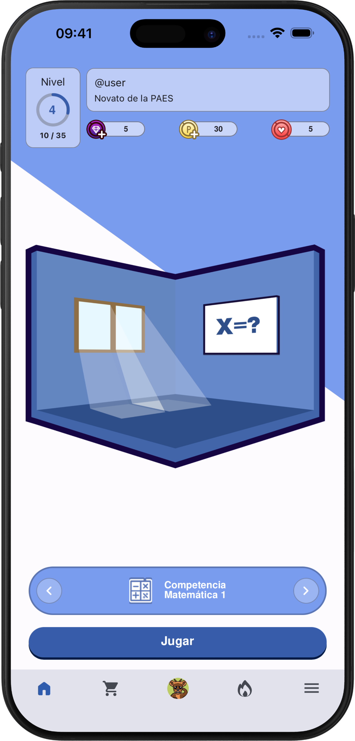 Pantalla de inicio de PreuApp mostrando desafíos PAES disponibles