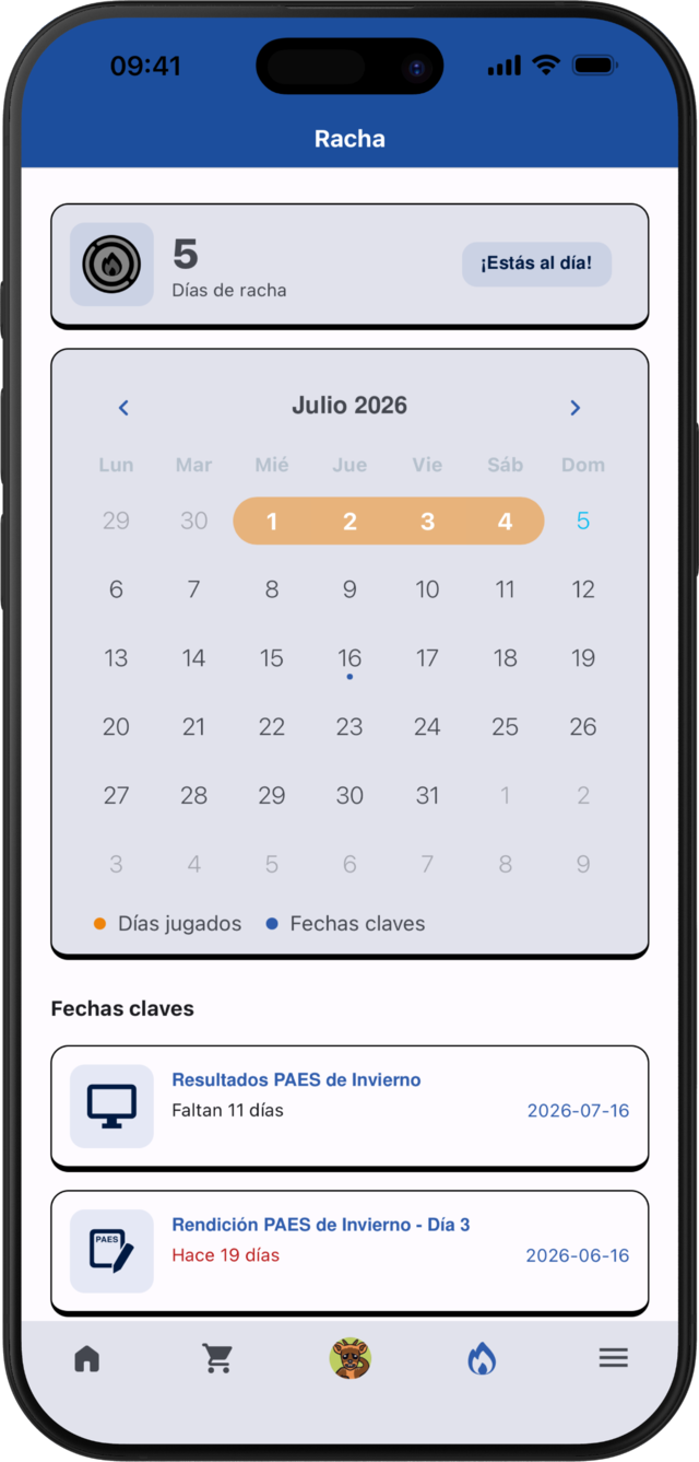 Pantalla de racha diaria en PreuApp mostrando días consecutivos de estudio