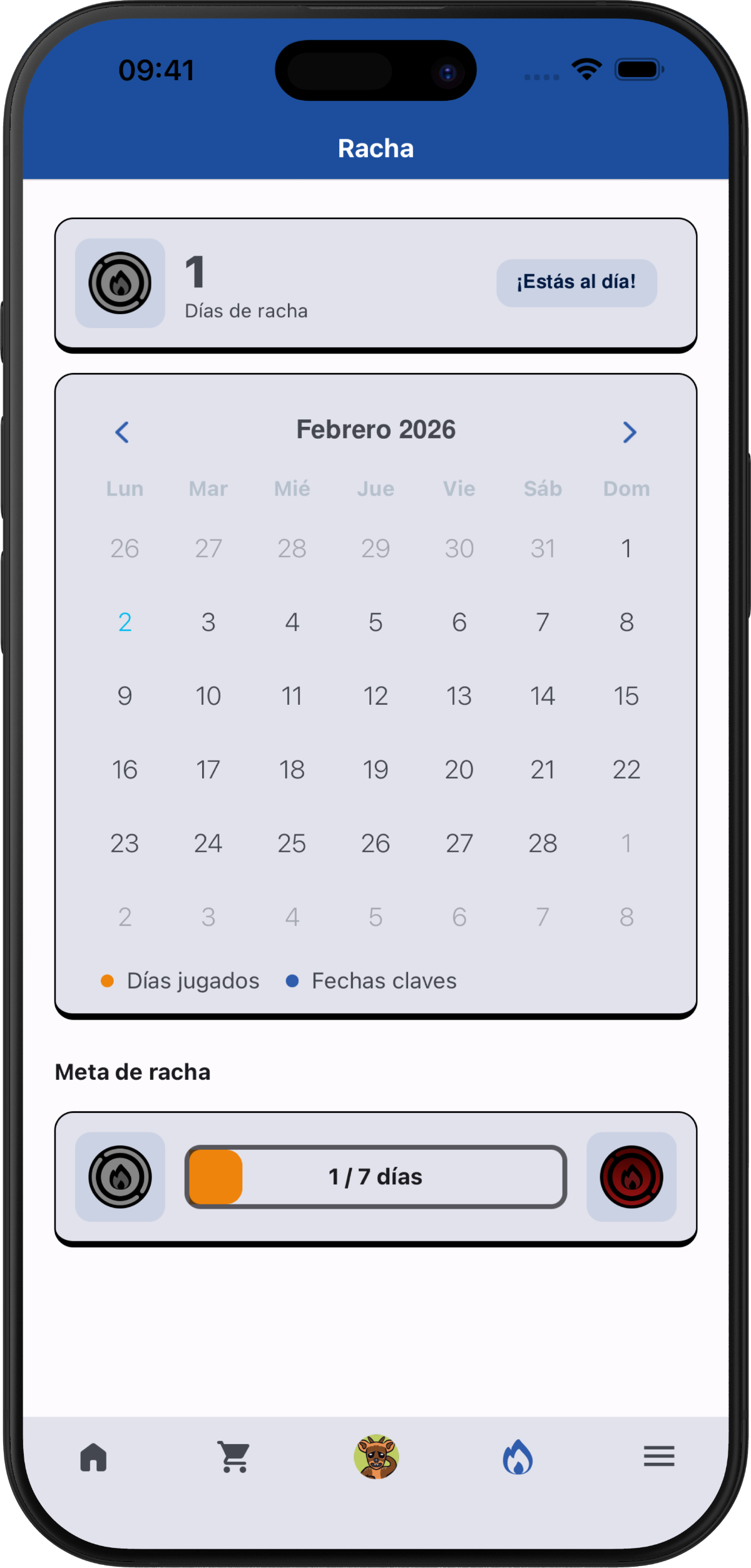 Pantalla de racha diaria en PreuApp mostrando días consecutivos de estudio
